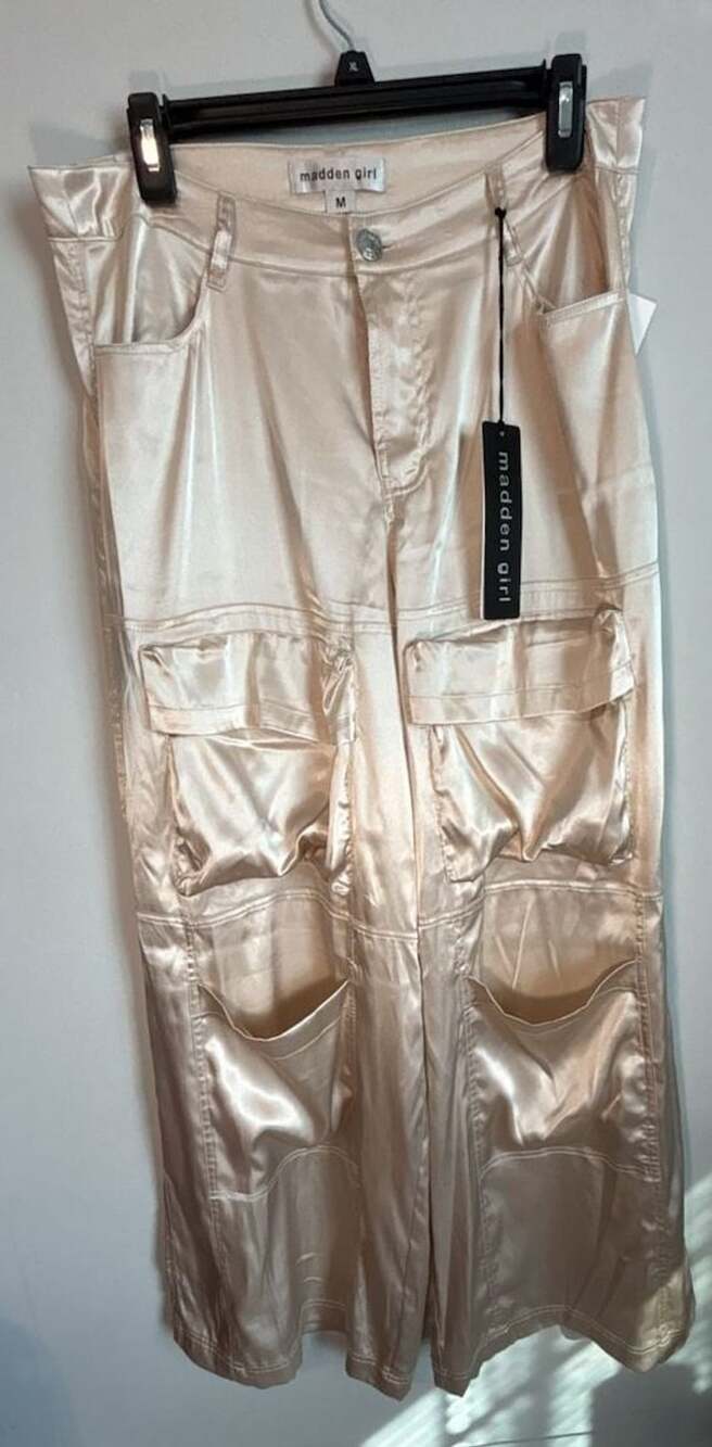 Madden Girl Satin Cargo Utility Wide Leg Pants Cream Champagne Size M